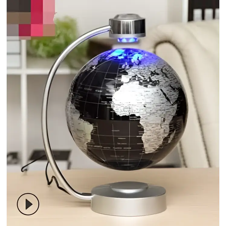 8 inch globe magnetic suspension office decoration with black and silver world map illuminated by blue led lights