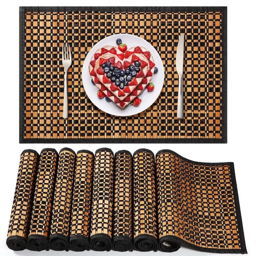 Bamboo placemats set of 8 pcs checkered bamboo placemats with woven black and tan pattern 18 by 12 inches