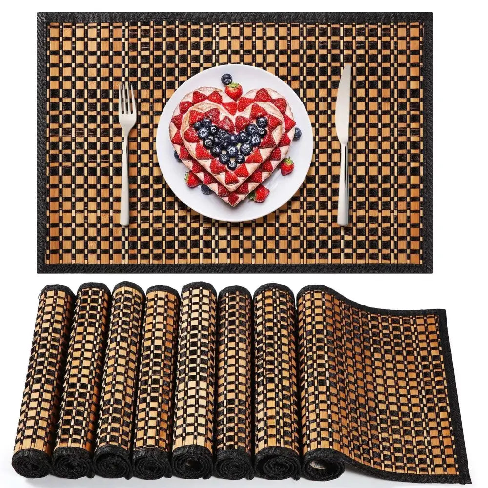 Bamboo placemat with a woven black and tan checkered pattern from 8 pcs checkered bamboo placemats set 18 x 12 inch