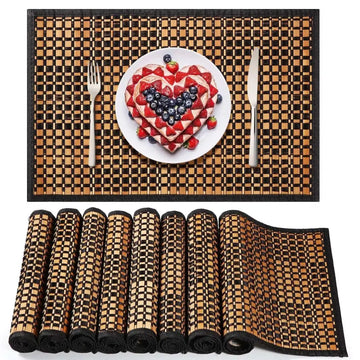 Bamboo placemat with a woven black and tan checkered pattern from 8 pcs checkered bamboo placemats set 18 x 12 inch