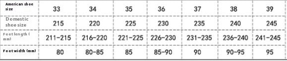 american shoe size conversion chart showing domestic sizes with corresponding foot length and width measurements for fashion white platform lace up high boots.