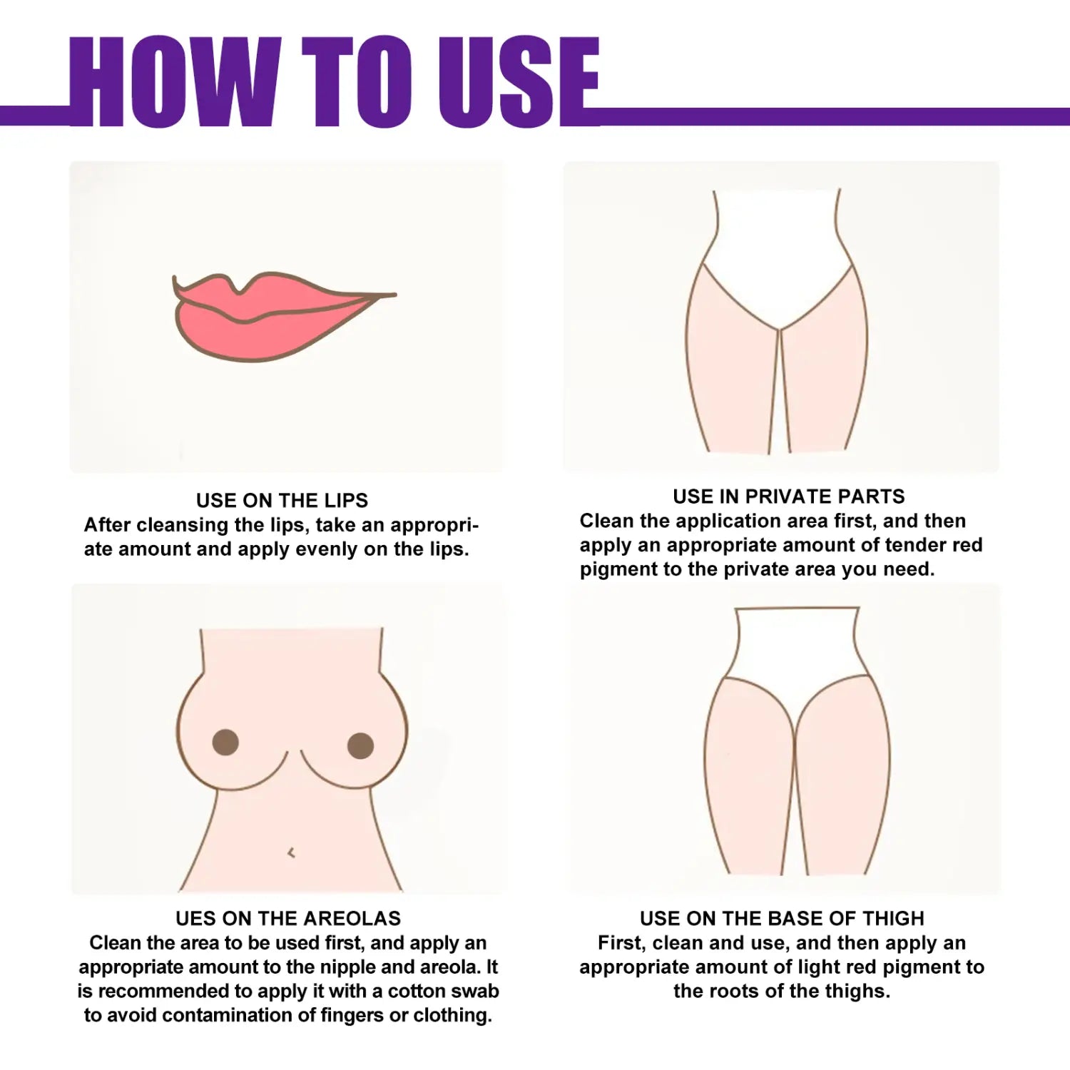 This diagram guide illustrates the application of red pigment to various body areas using the eelhoe rejuvenator areola intimate area essence for areola intimate area enhancement.