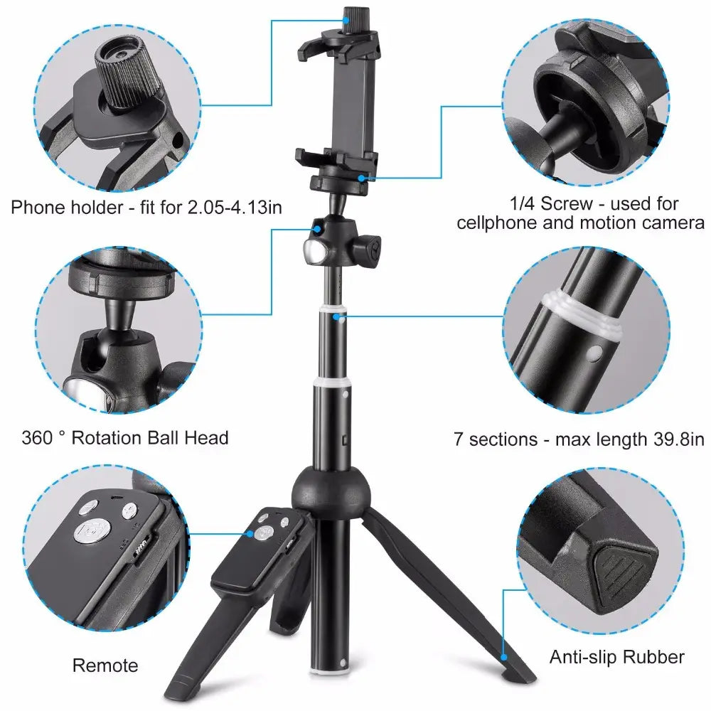 Black tripod selfie stick with phone holder featuring a 7-section extendable design and remote control for m070 bluetooth selfies and hands-free photography.