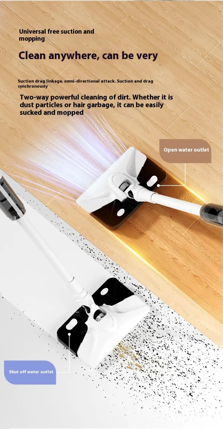 White and black dual-action floor cleaner with a sleek ergonomic handle of a white wireless rechargeable vacuum cleaner designed for efficient cleaning.
