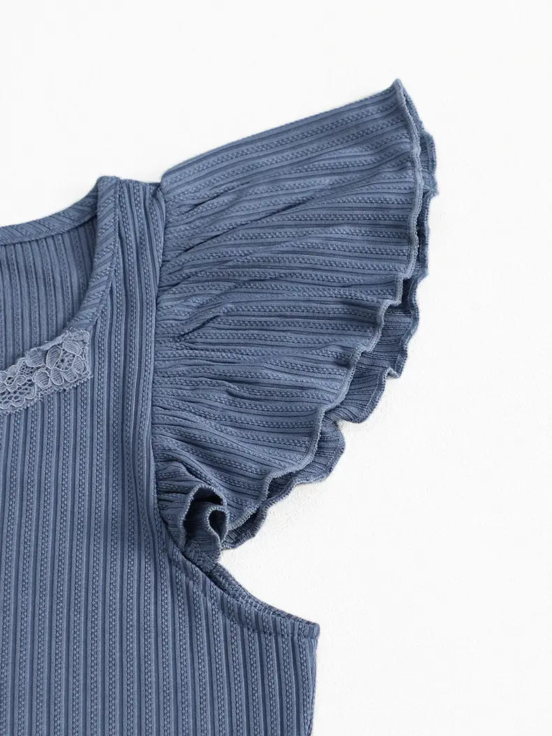 a soft blue ribbed knit top with delicate lace ruffle sleeve trim and textured ruffled sleeves in a black ribbed lace ruffle pajama set