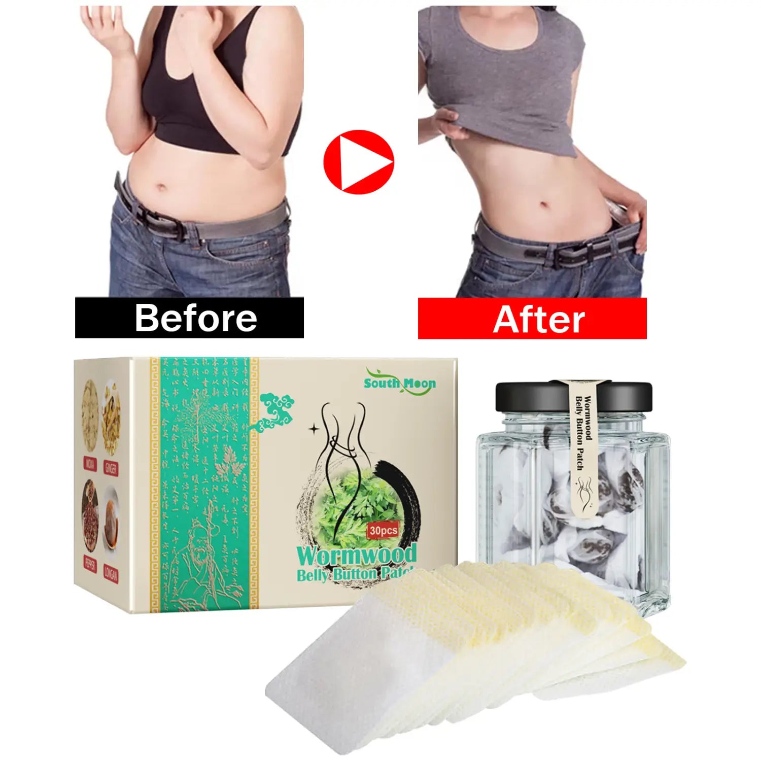 a set of 30 wormwood belly button weight loss patches in clear glass jars with black lids packaged in an ornate beige and green south moon box for herbal weight loss