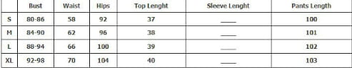 Size chart for the blue shimmer 3 piece lounge set showing measurements in inches for bust waist hips top length sleeve length and pants length for a cozy pajama set.