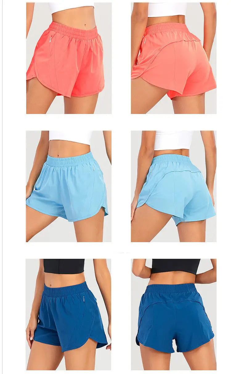 light blue summer sports shorts with coral and navy accents featuring elastic waistbands and breathable zipper pockets for secure storage and comfortable wear