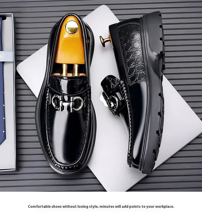 Black patent horsebit platform retro casual shoes featuring glossy leather with a silver horsebit buckle and textured crocodile-embossed accents on the heel.