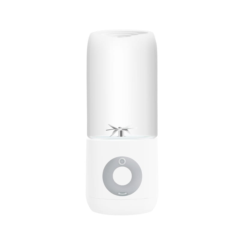 white portable usb automatic mini blender with a sleek cylindrical design and a silver blade assembly visible inside the transparent glass container for automatic mini portable juicing.