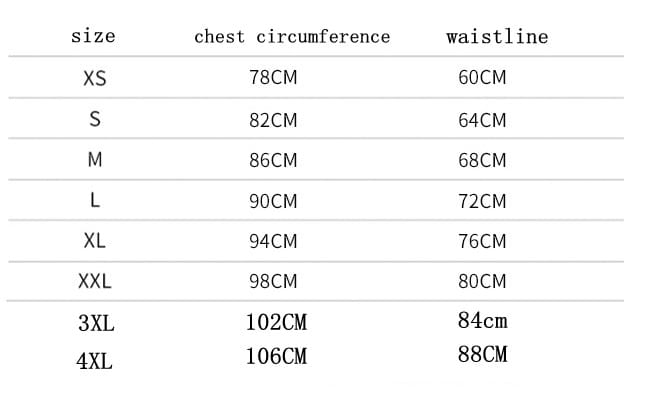 Size chart for a long sleeve lace wedding dress with large tail displaying chest circumference and waistline measurements across sizes XS to 4XL for wedding dress bridal fittings.