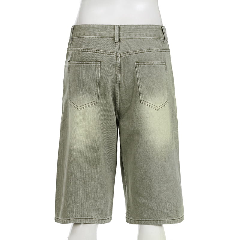 olive green denim shorts with a faded wash and classic back pockets featuring a jeans double belt adjustable buckle for a customizable fit