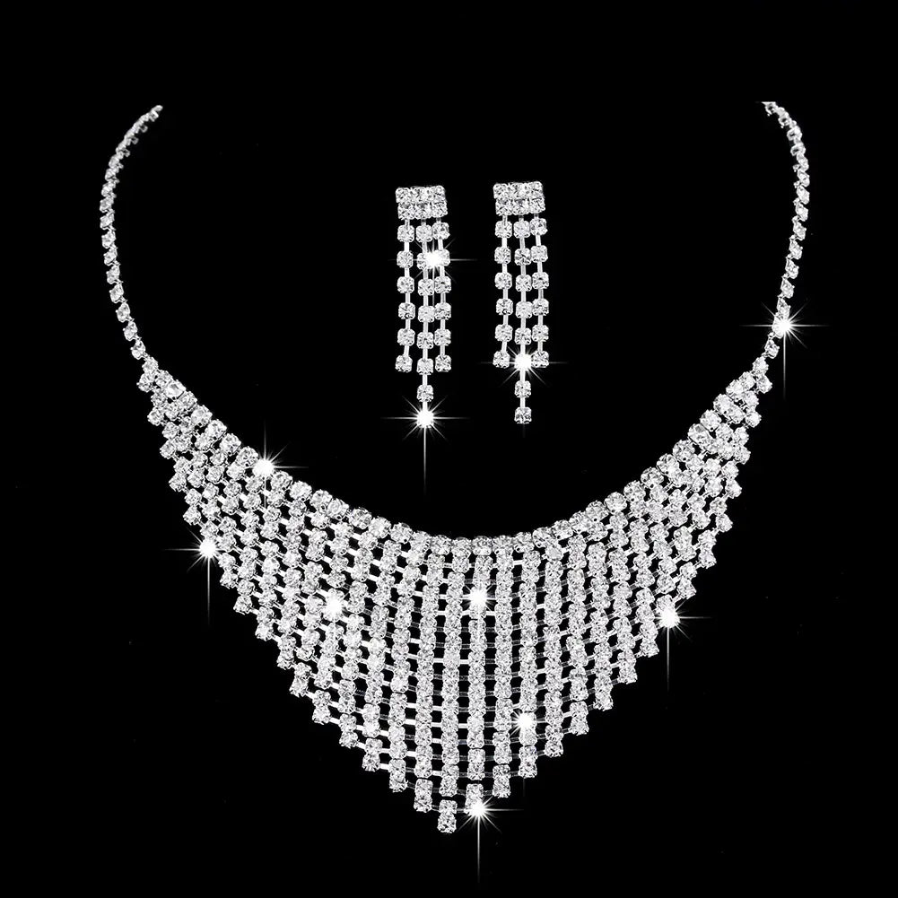 sparkling silver rhinestone zircon water drop choker necklace with cascading tiered design and matching drop earrings set