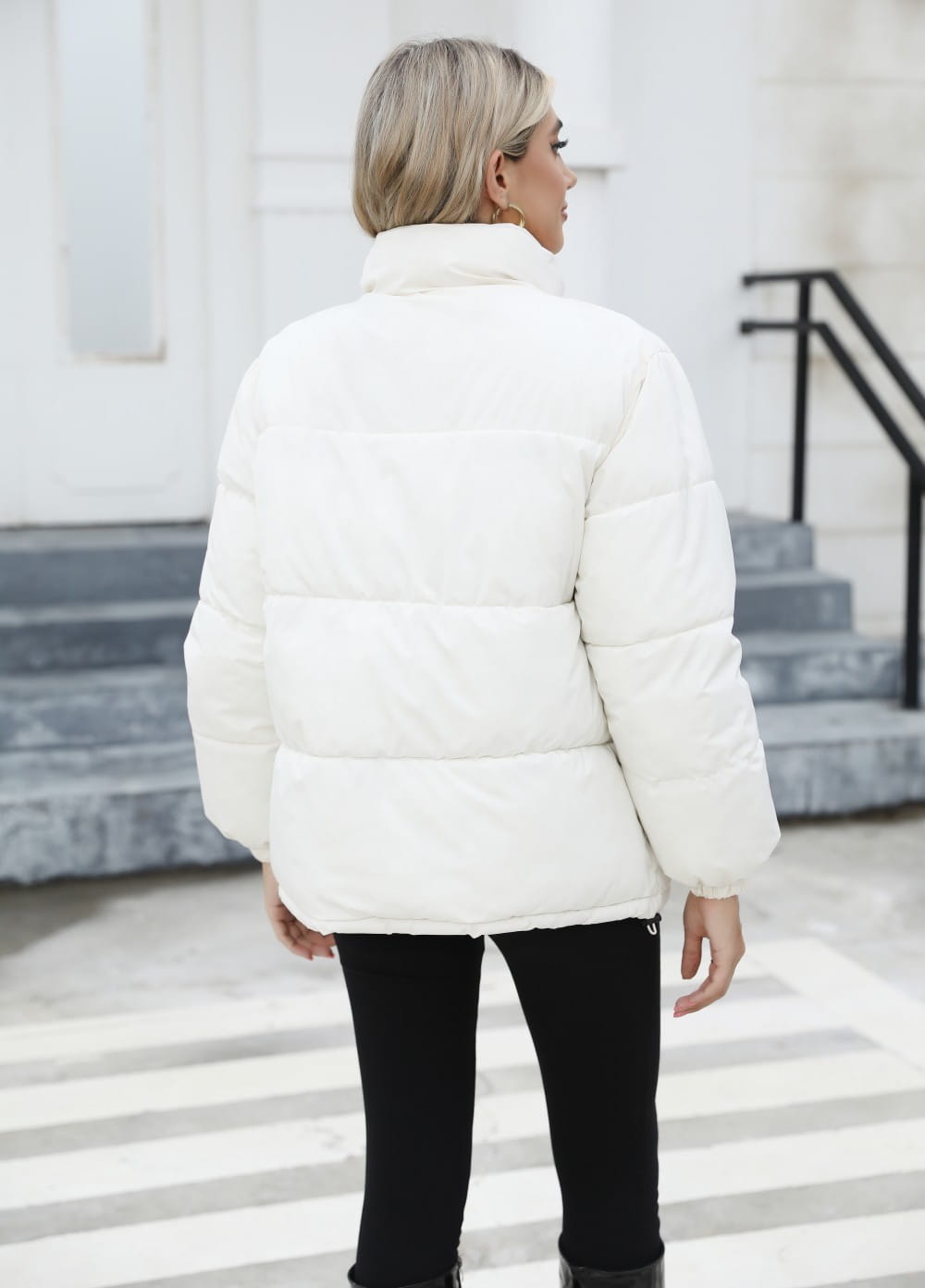 white puffer winter coat women with a high collar and quilted design for casual windproof use