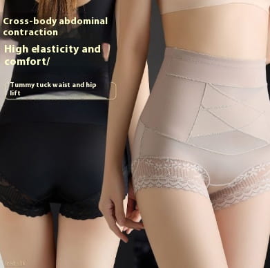 high-waisted sheer gray lace-trimmed body shaping shorts with supportive waistband designed for hip lifting and body shaping.
