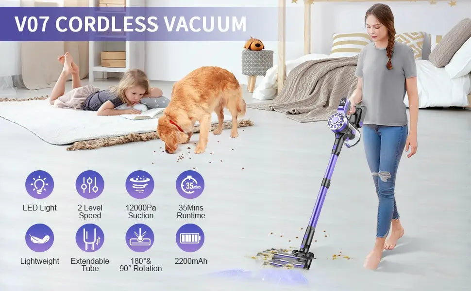purple v07 cordless stick vacuum cleaner with sleek modern design and ergonomic handle for household small portable cleaning tasks