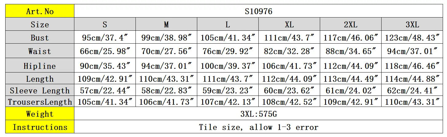 Size chart for the long cardigan sunken stripe wide leg pants set s10976 displaying measurements in centimeters and inches across sizes s to 3xl.