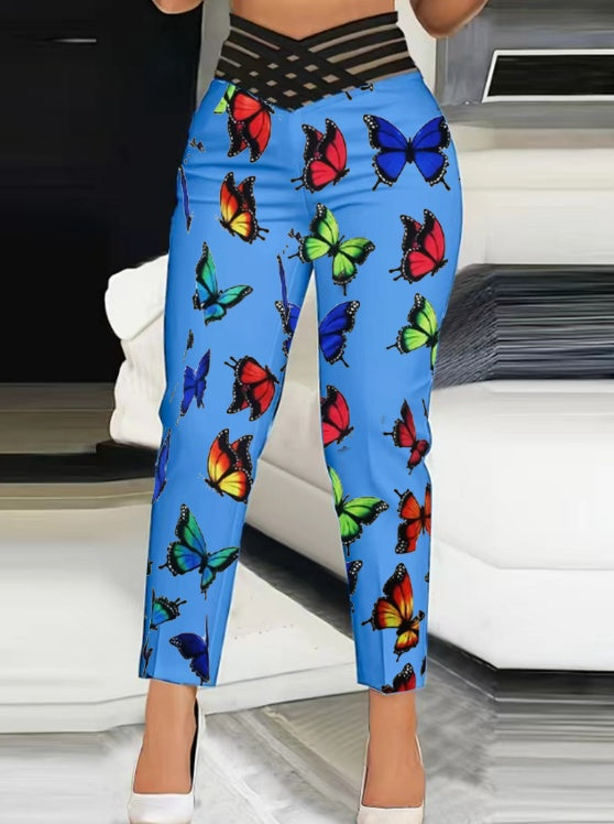 Ladies' Butterfly Printed High Waisted Hollow Out Casual Slim Fit Pants - Royalessencelux