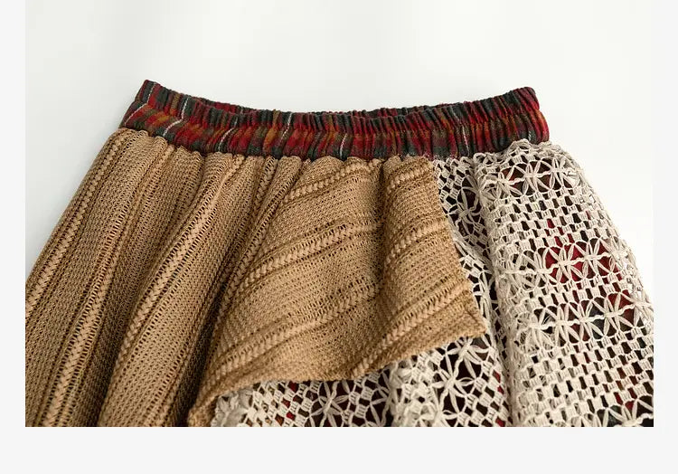 a beige knit retro minority irregular line skirt with a striped elastic waistband and an off-white crochet overlay featuring a minority irregular plaid design