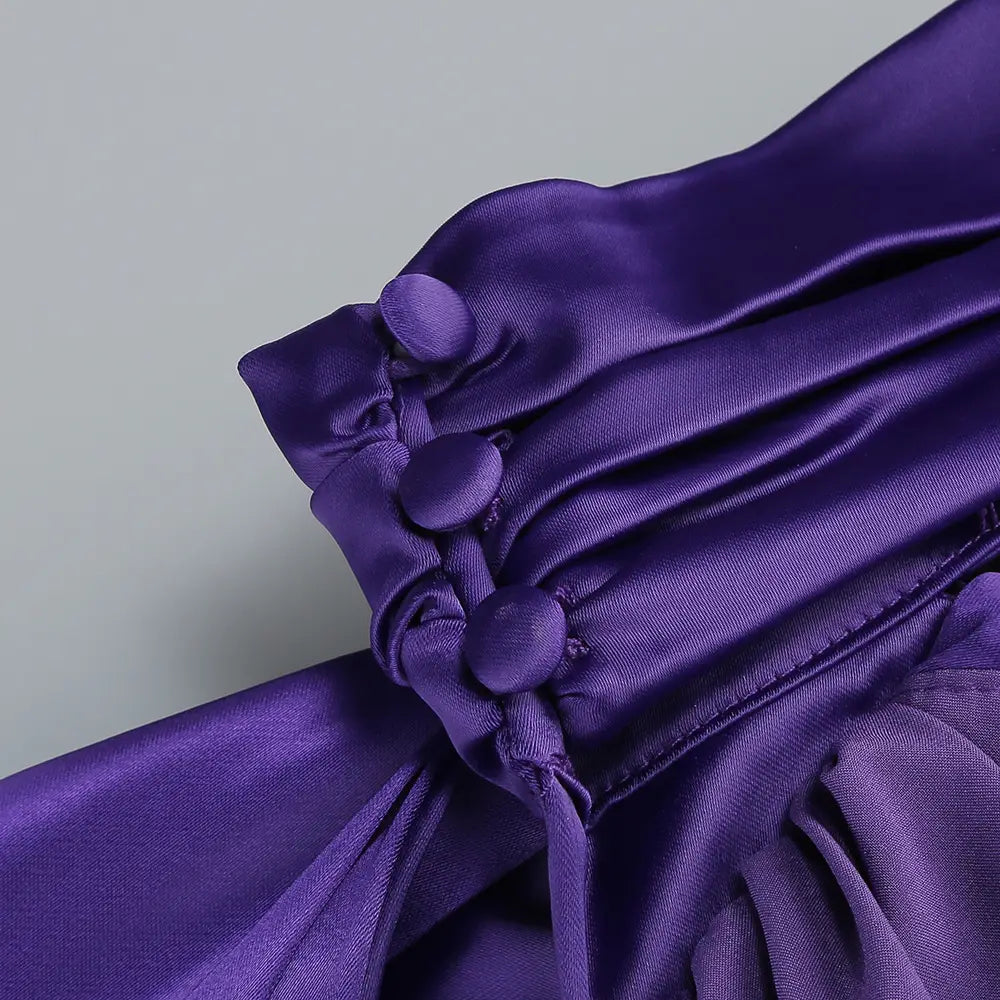 one shoulder fitted high waist purple satin rose gown featuring matching buttoned cuffs in a waist pure color