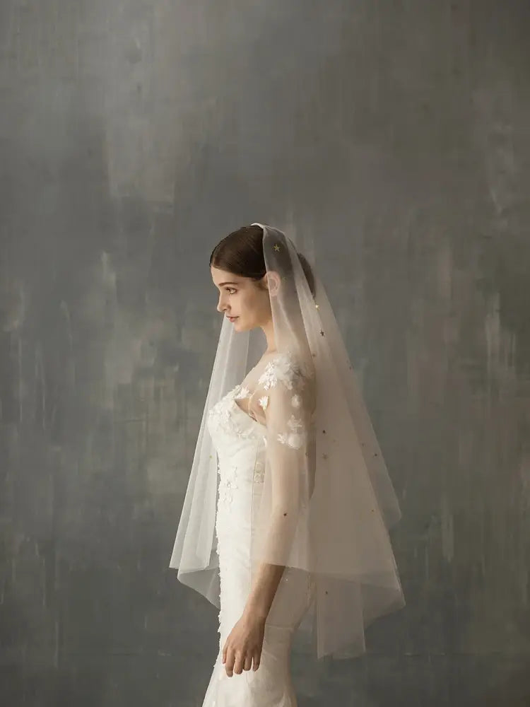 a delicate translucent white star floral lace bridal veil with subtle beading adorns the bride’s head and shoulders featuring mso-font-pitch variable mso-font-signature design
