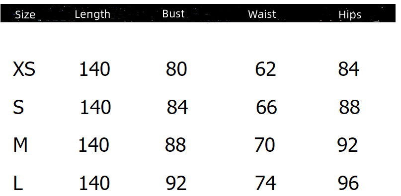 Size chart displaying measurements in centimeters for a white satin evening gown with train brigade shot available in sizes xs s m and l.