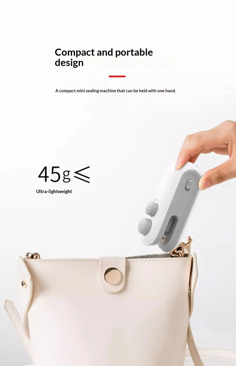 white and gray compact mini heat sealer with a sleek ergonomic design and usb connectivity for portable sealing and magnetic storage clip functionality