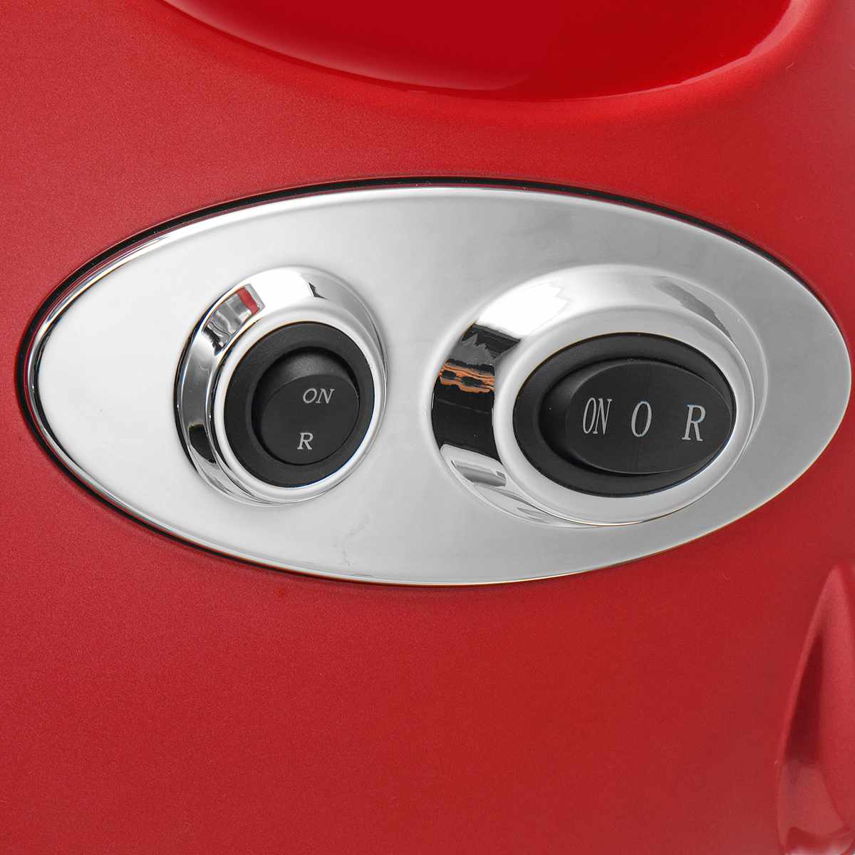 red multifunctional meat grinder with a stainless steel body and a red blender featuring a chrome-finished control panel with two black push buttons labeled on r and on or electric multifunctional meat grinder for versatile food processing.