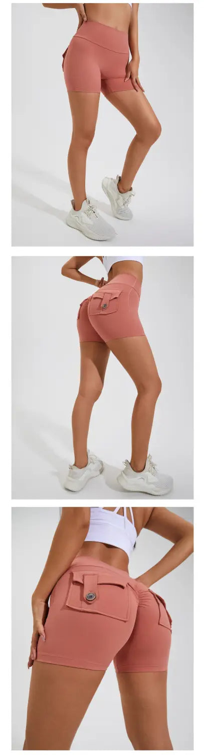 pink high waist hip lifting shorts with side pockets and buttoned flap detail designed for athletic use