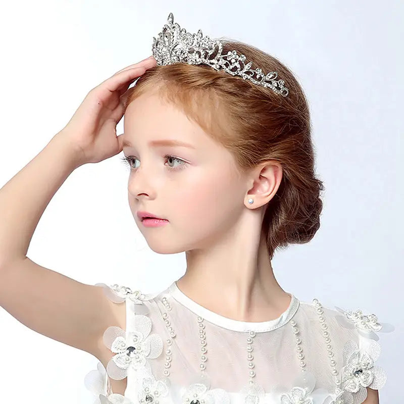 silver crystal stage flower girl head tiara featuring intricate floral designs and sparkling rhinestones for girl head flower use