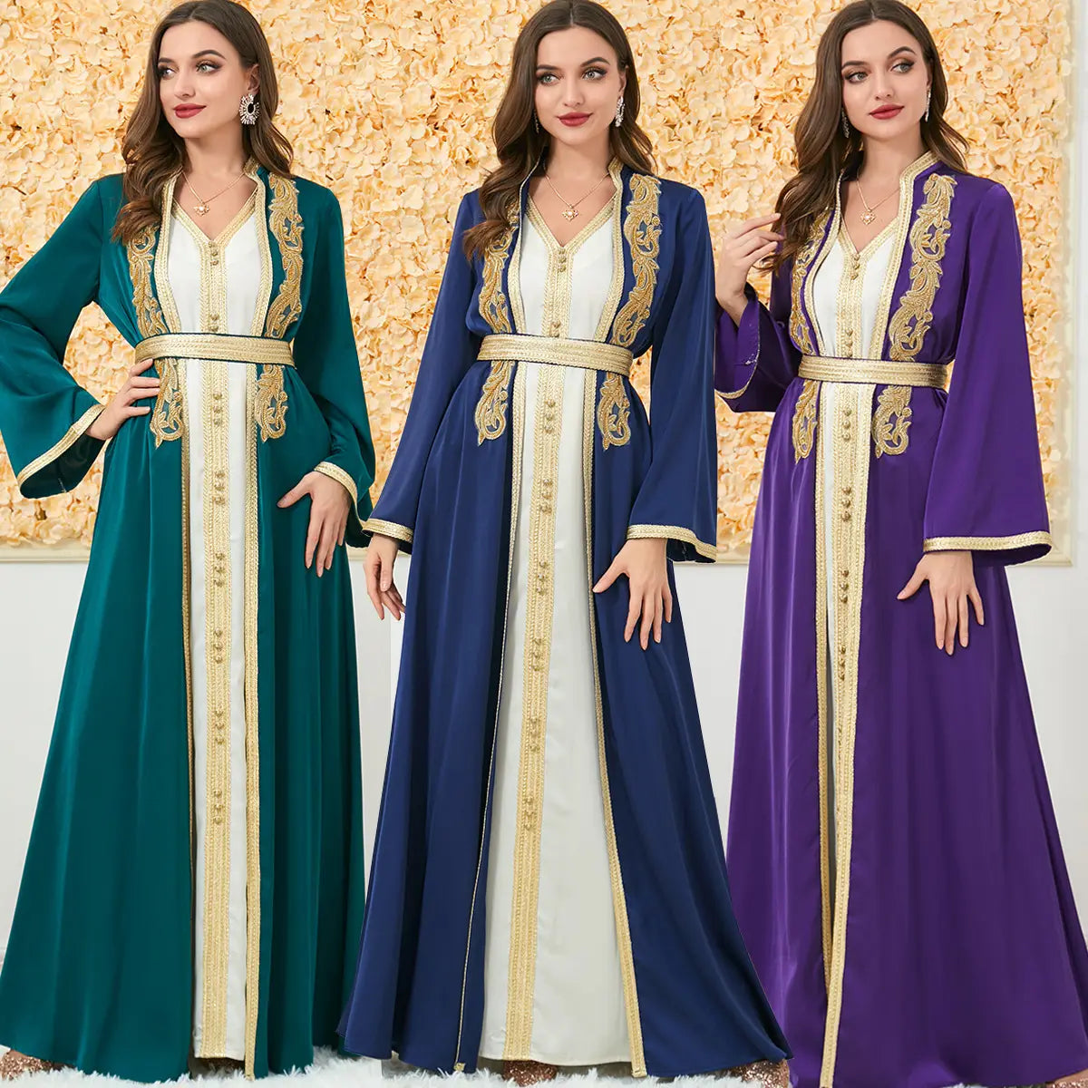 elegant long-sleeved abayas in teal navy and purple featuring gold embroidery on the front panels and cuffs as a refined foreign trade dress option.