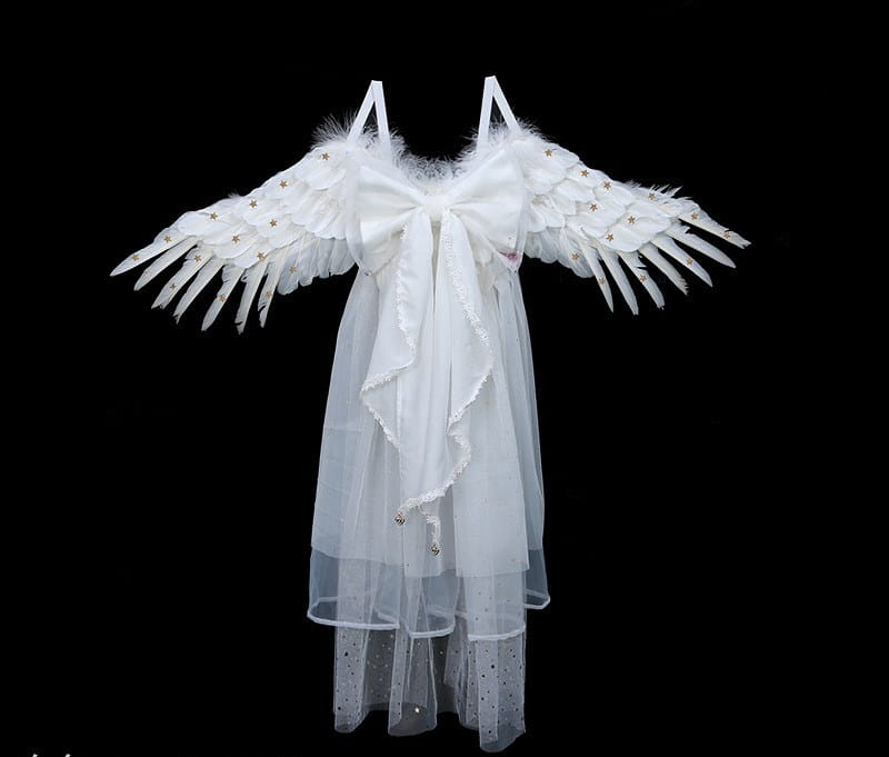 White angel costume dress with feathery wings and sheer layered fabric for halloween performance costume props in the Black Star Feathered Halloween Performance Costume.