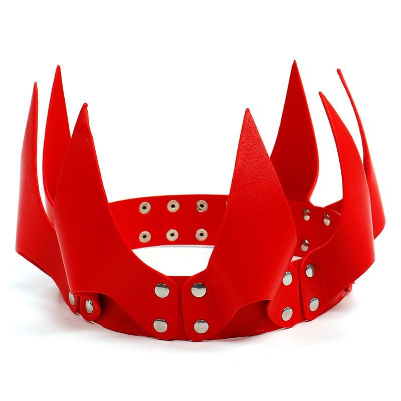 Red spiked leather crown with silver studs designed as performance accessories for stage costumes.