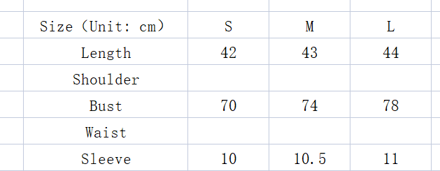Size chart for spicy girls summer millennium off shoulder crop top showing measurements in centimeters for sizes s m and l in luxury women’s fashion.