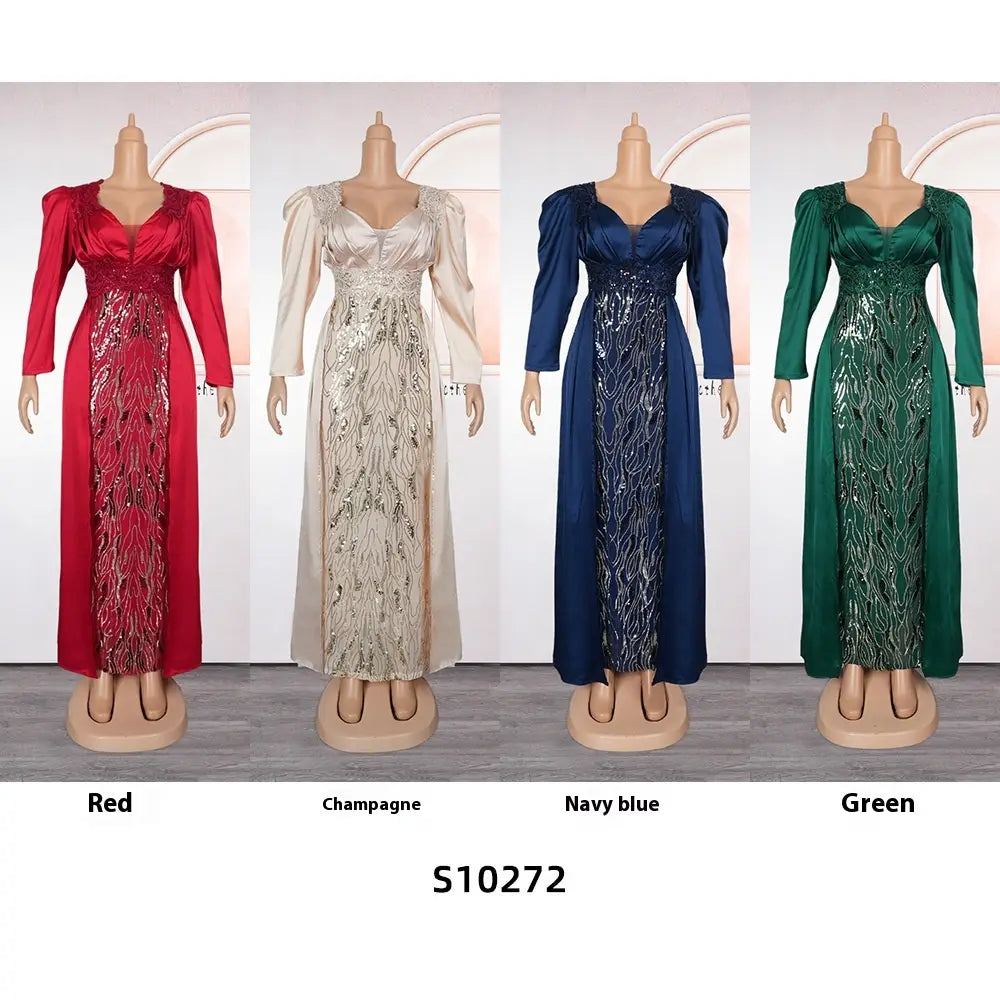 Plus size long sleeve sequined evening dresses in red, champagne, navy blue, and green featuring a fitted bodice with puffed sleeves and a shimmering floor-length skirt.