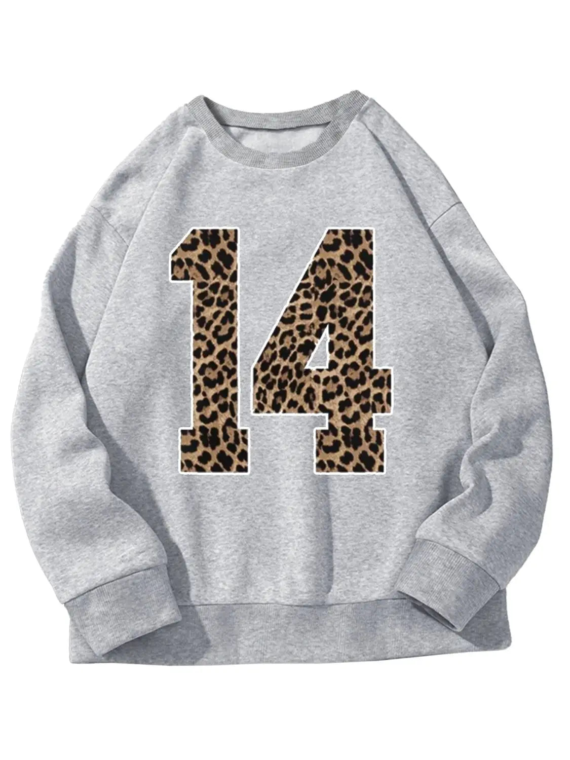 Gray crew neck sweatshirt featuring a bold black leopard-print number 14 on the front.