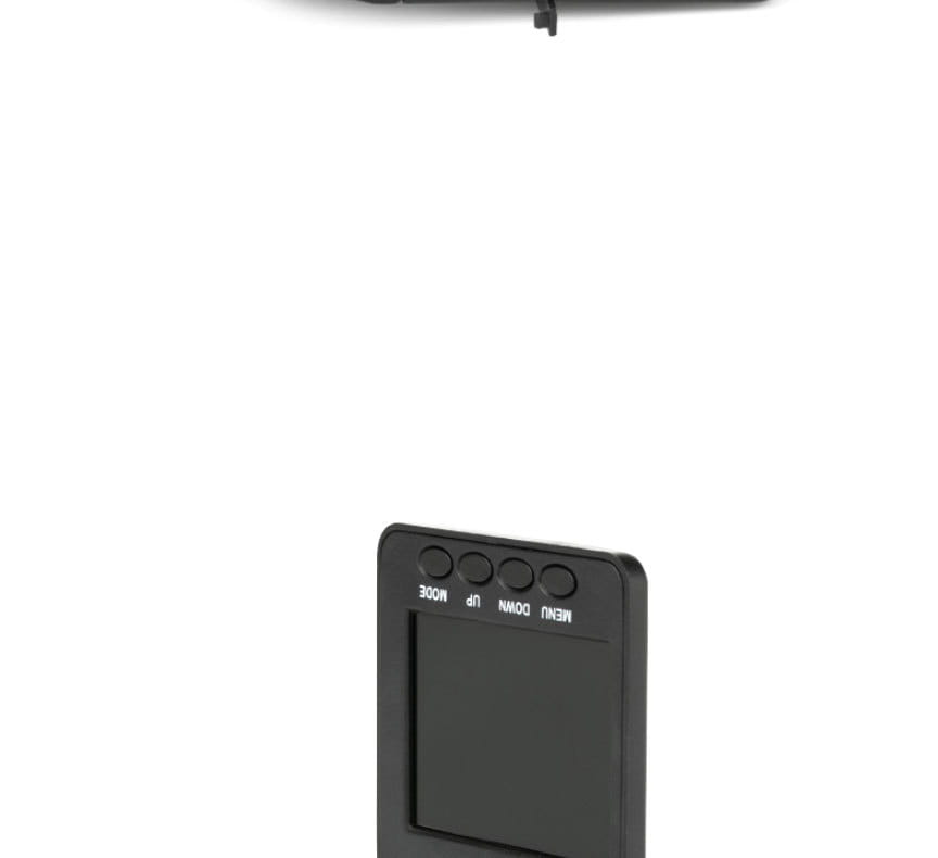 black rectangular digital remote control with four circular buttons labeled menu mode up and down above a small screen for hd driving recorder with suction cup mount