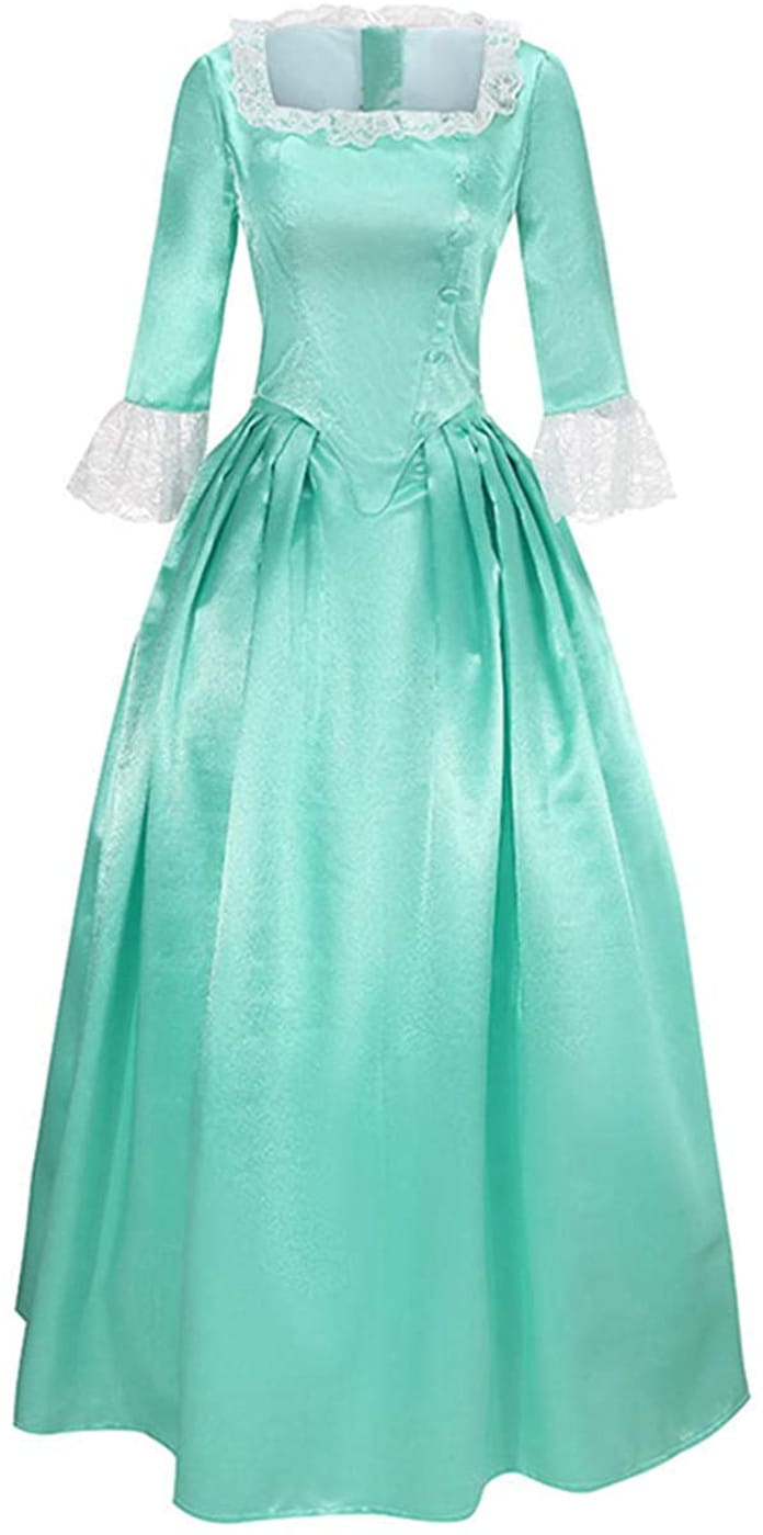 A teal satin victorian palace dress with lace trim at the neckline and cuffs featuring a fitted bodice and full skirt for palace dress stage performance.