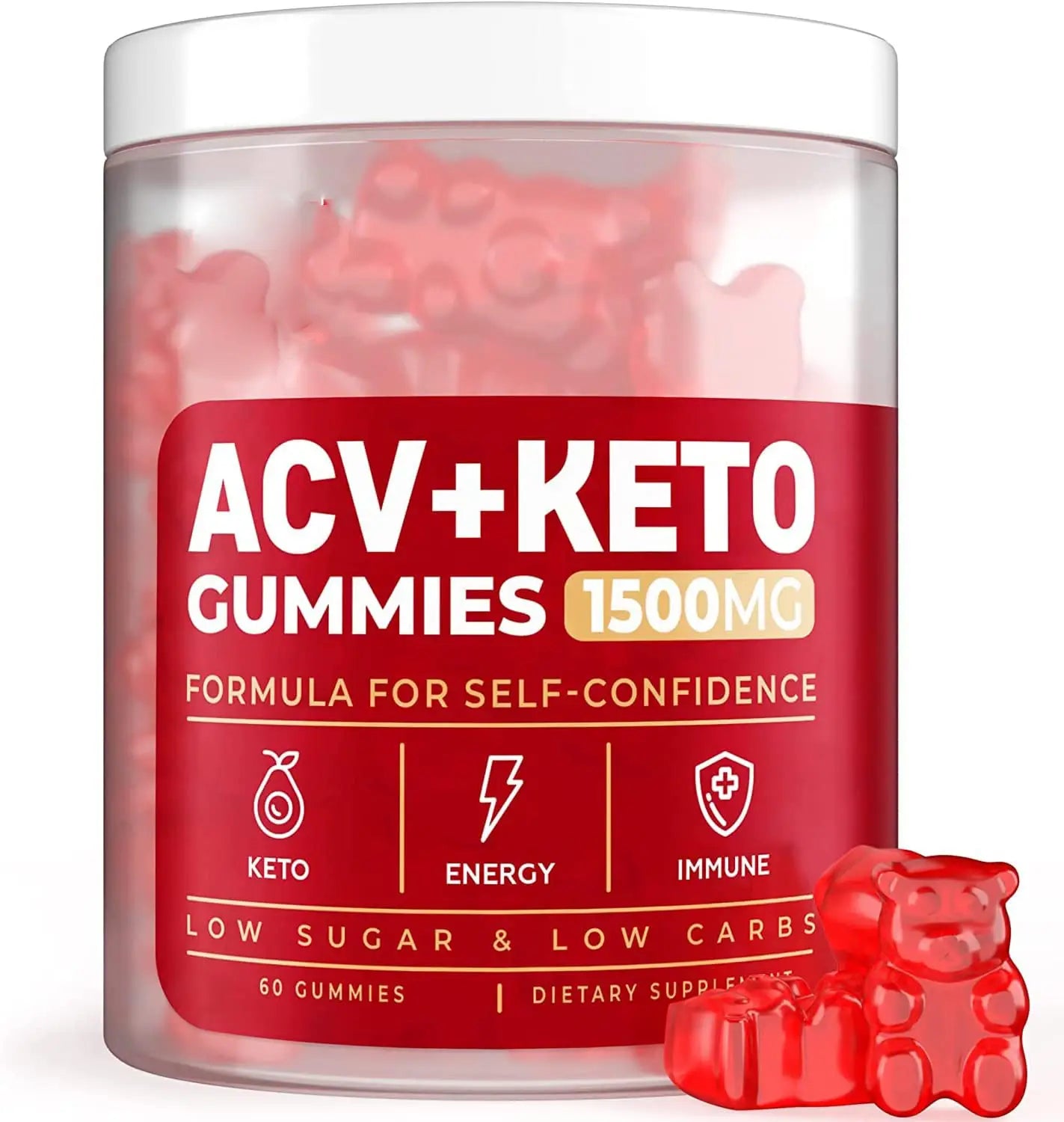 a clear plastic jar with a white lid contains red gummy bear-shaped acv ketone 1500mg soft candy gummies for energy immune and keto support in a 60 count bottle