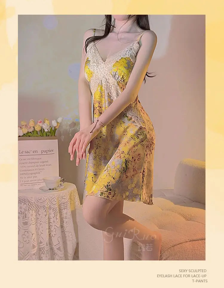 yellow floral satin cross lace nightdress featuring delicate spaghetti straps and a v-neckline in floral satin cross material