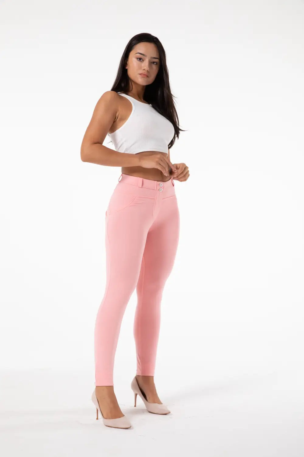blush pink melody hot shaping leggings with a sleek high-waisted design and subtle front button detailing for effective hot shaping performance