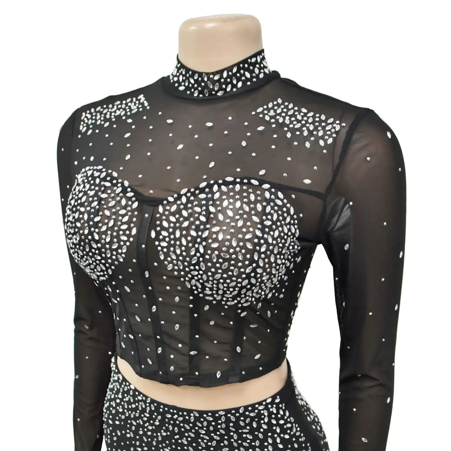 black sheer long-sleeved crop top with high neckline and sparkling white color mesh rhinestone embellishments from black gold color mesh rhinestone two piece set.