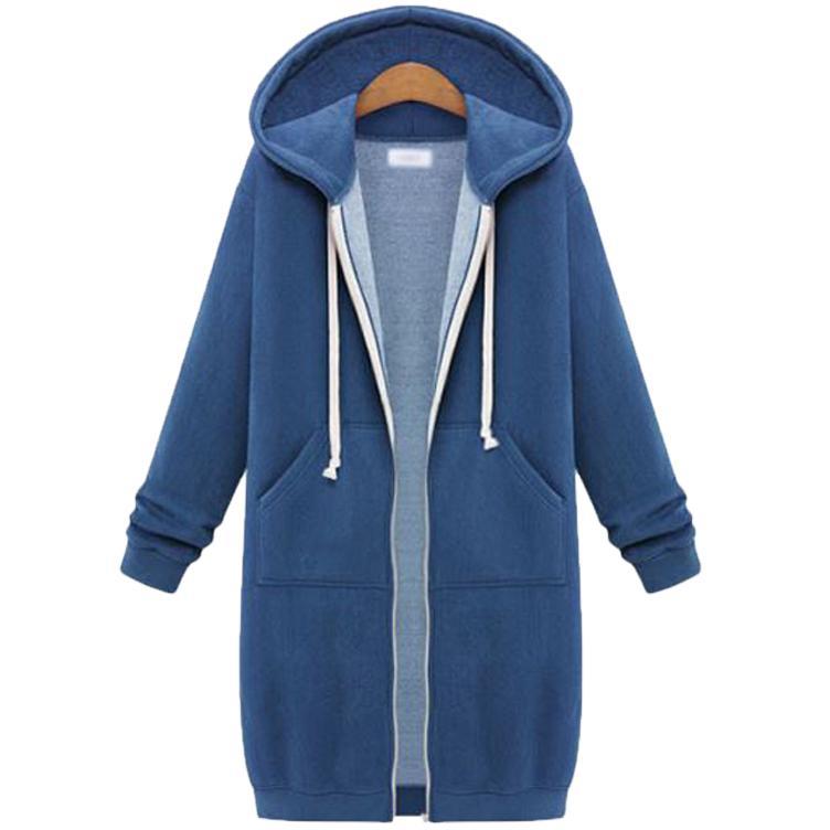 women zip up long thick hooded winter sweater in blue with lighter blue interior, white drawstrings, and two front pockets for warmth and comfort.