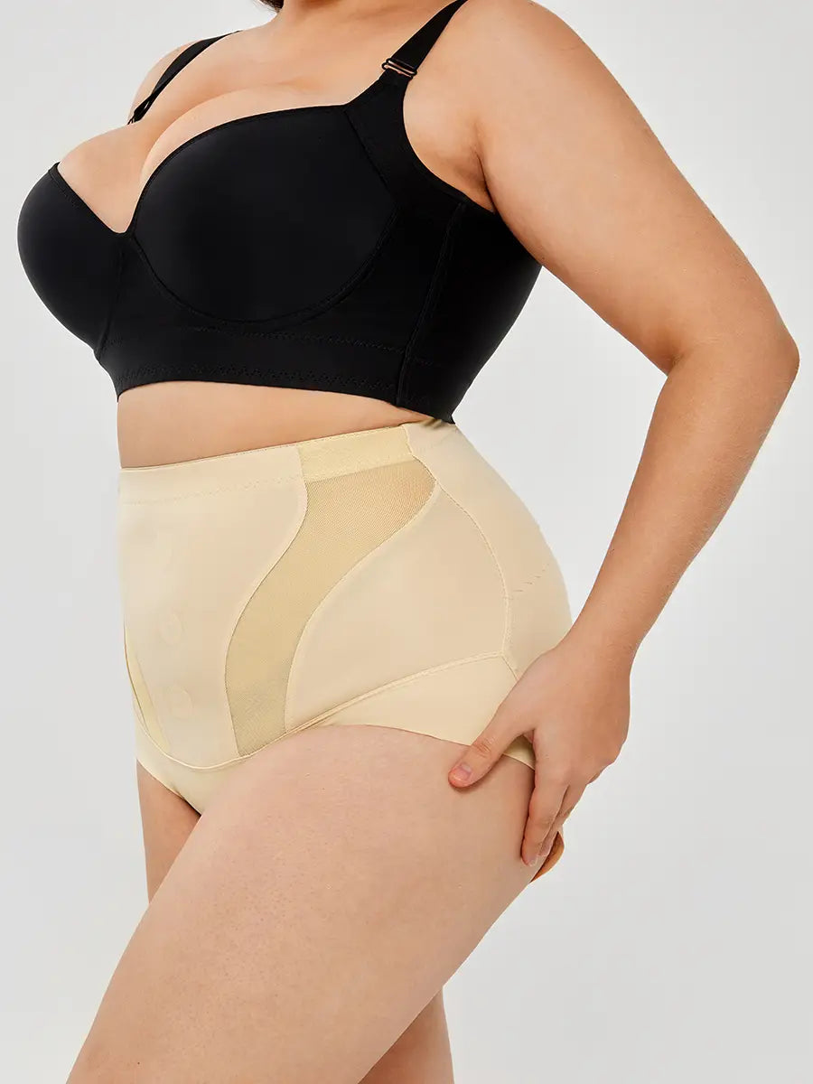 Beige womens tummy control high waist mesh body shaper with sheer mesh panels and a smooth form-fitting design.