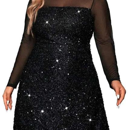 826 - Women Plus Size Long Mesh Sleeves Yoke Sequin Sewing Evening Party Prom Cocktail Dress (Mesh Black 5X) - Royalessencelux