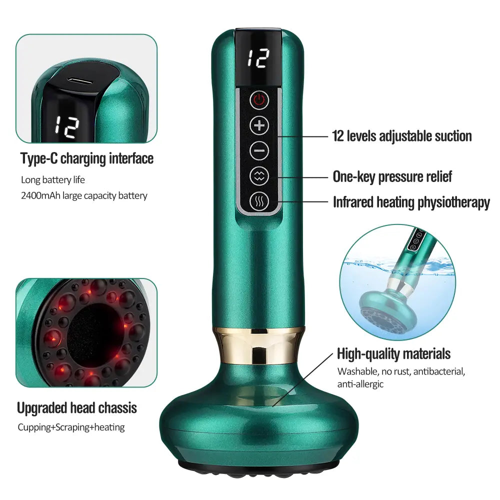 Teal-green handheld electric vacuum cupping massager with gold accent band and digital display for gua sha and massage therapy.