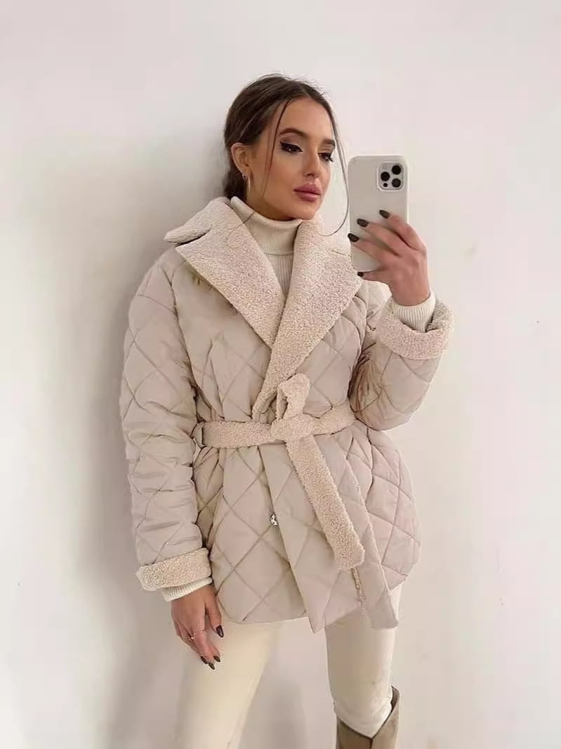 beige winter lapel plaid coat featuring a quilted design with a plush shearling-lined collar and cuffs for stylish cold weather wear in lapel plaid coat fashion.