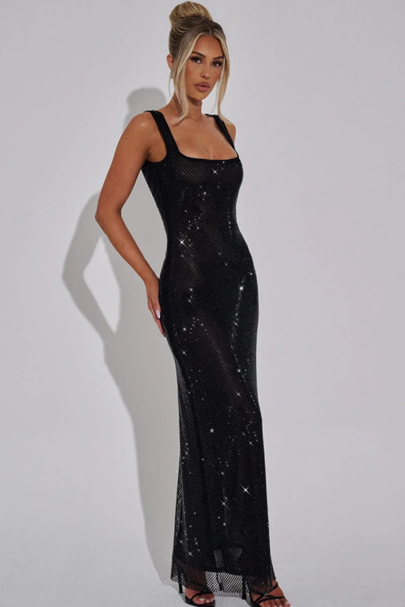 black sequined floor-length gown with square neckline and thin silver strap sequins net drill suspenders detail