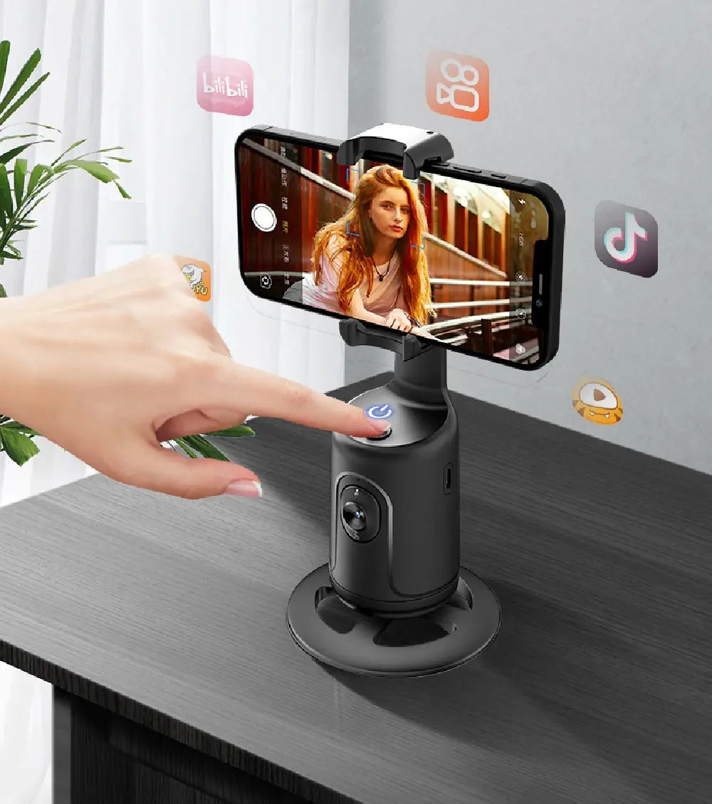 Black smartphone tripod with rotating clamp holding an iPhone showcasing the AI smart face tracking gimbal phone holder with face tracking functionality.