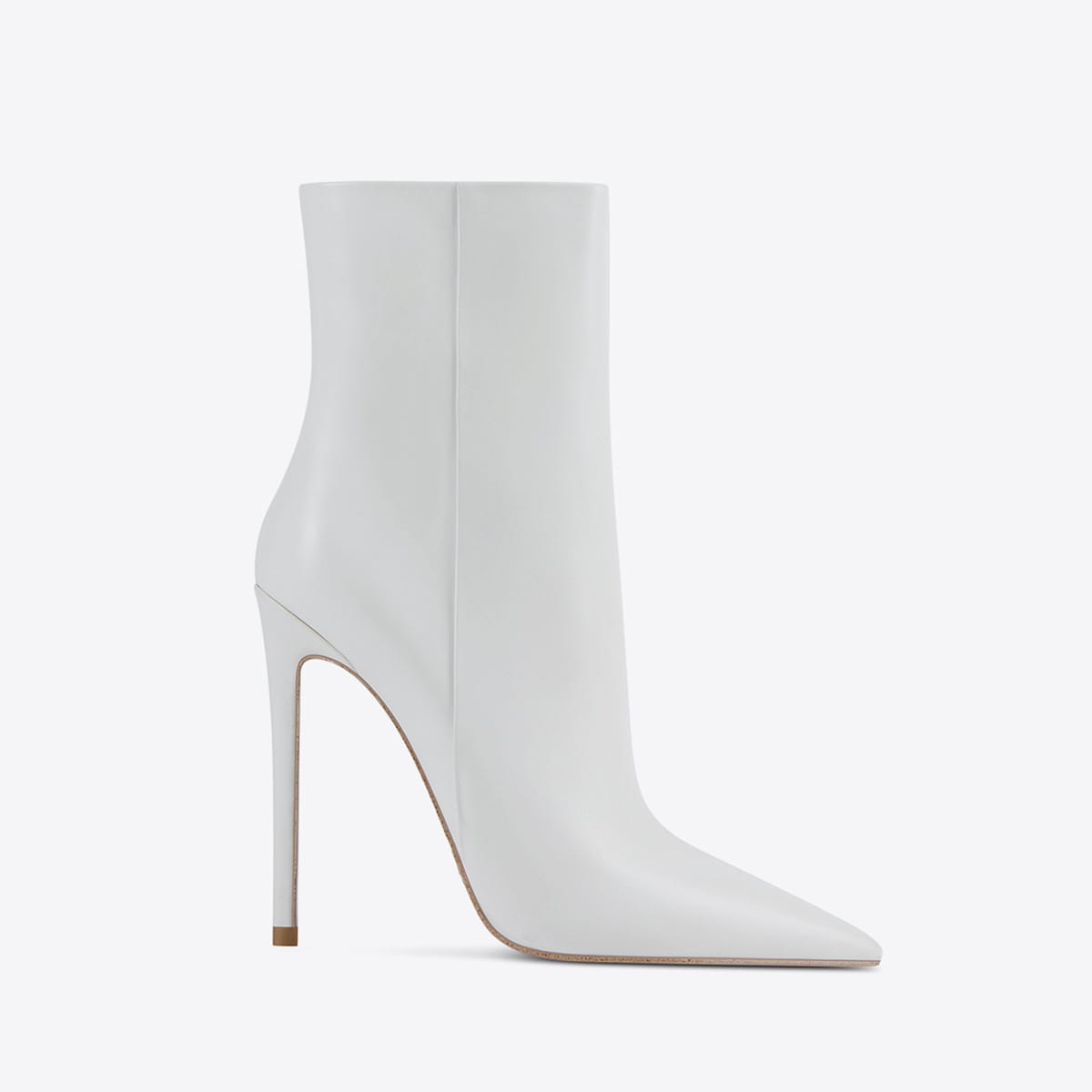 white patent leather stiletto ankle boots with a pointed toe and slender high heel displayed from the front